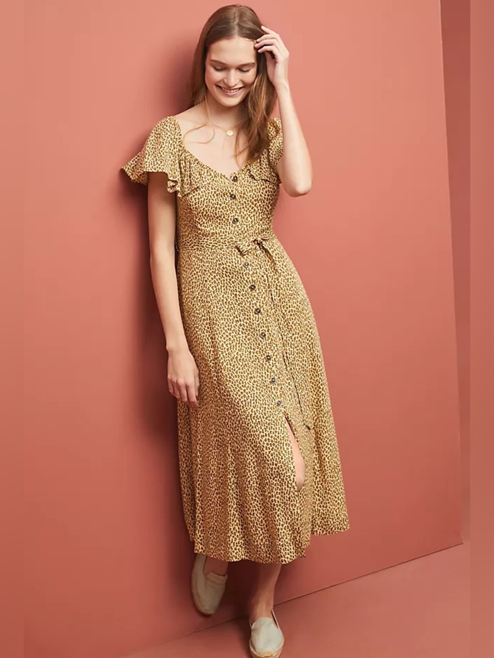Anthropologie Yellow Leopard-Print Button Midi Dress